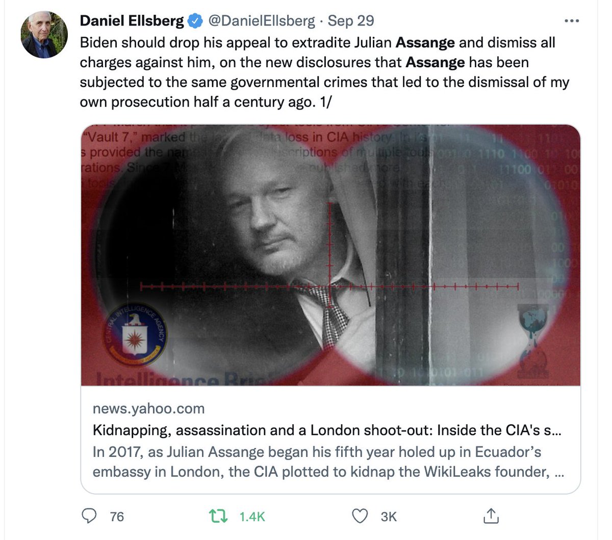 The greatest whistleblower of the prior generation,  @DanielEllsberg -- who risked life in prison to show the world the US Govt was lying to the American people about the Vietnam War -- has spent a decade heralding Assange as a hero and demanding he be set free.