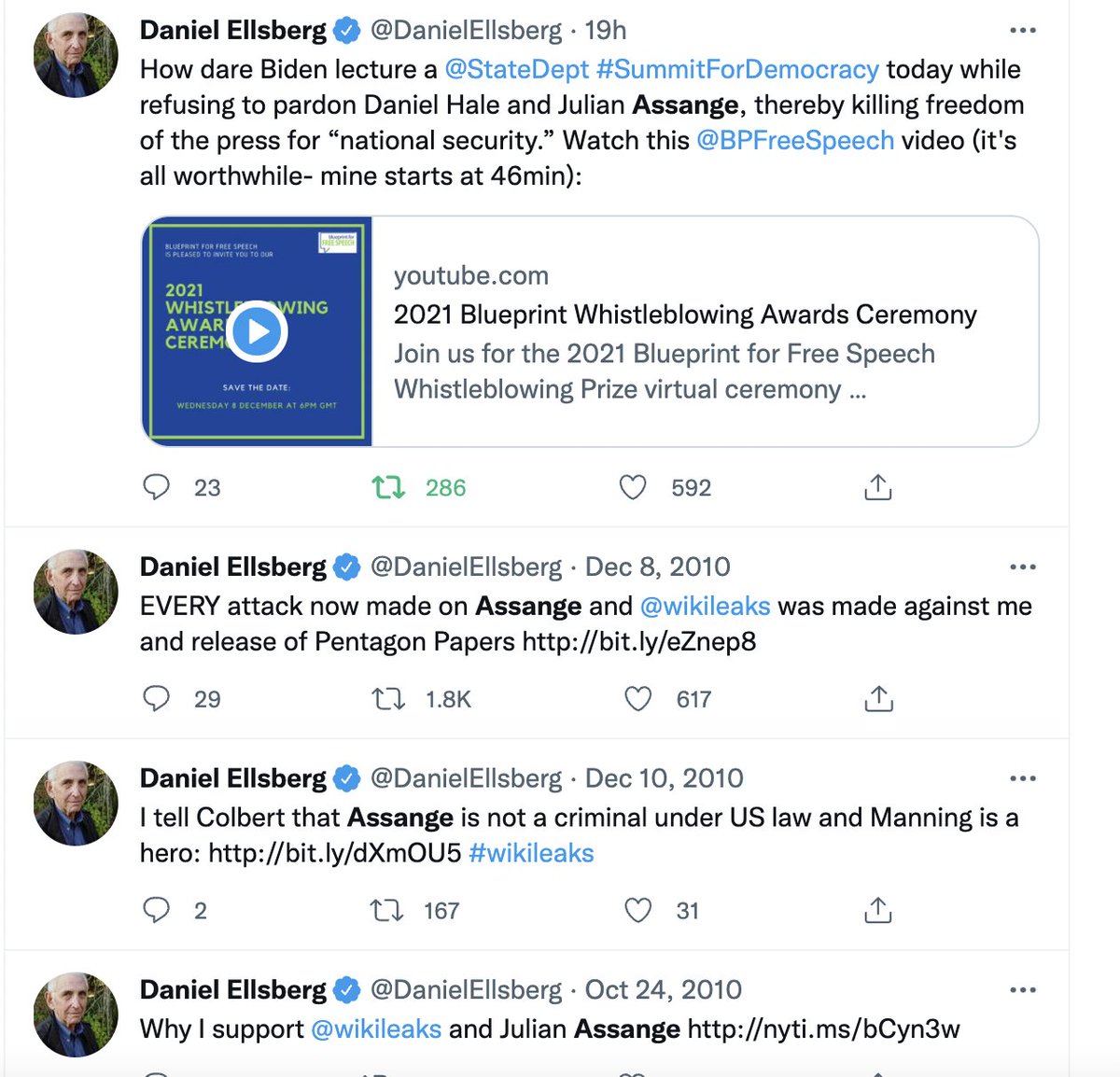 The greatest whistleblower of the prior generation,  @DanielEllsberg -- who risked life in prison to show the world the US Govt was lying to the American people about the Vietnam War -- has spent a decade heralding Assange as a hero and demanding he be set free.