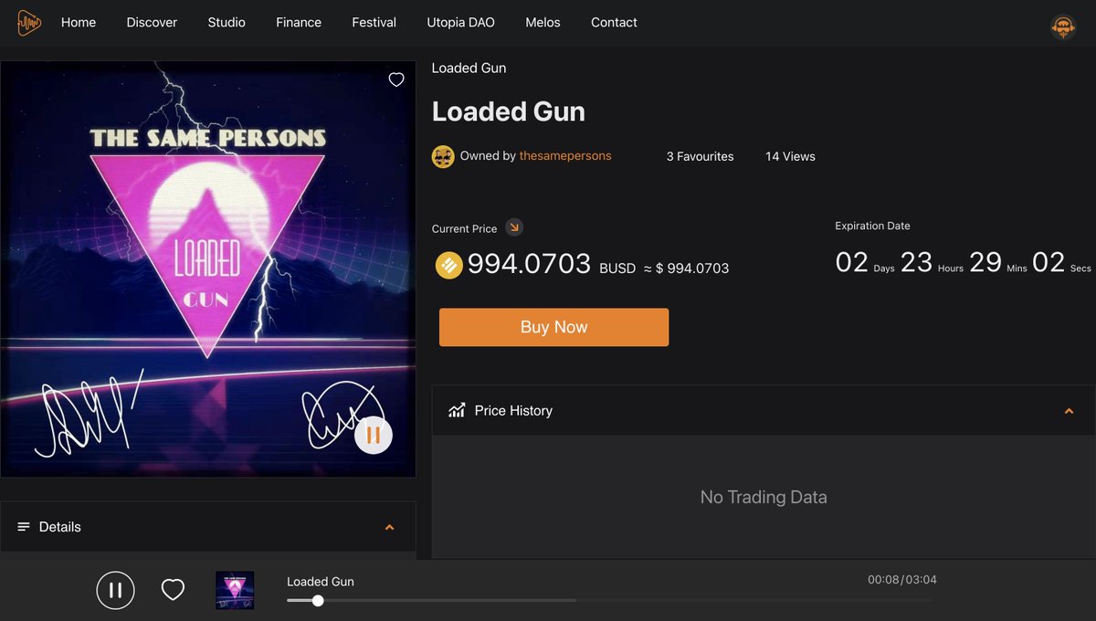 melos_claw's tweet photo. Signed version of Loaded Gun NFT by @thesamepersons is now on Dutch auction.

The price will be dropping every 10 seconds until it is purchased on #MelosAuction

View the auction here:
https://t.co/2wDxPaEUhD

#MelosWorkShop #MelosMarketplace #MusicFi #SocialFi https://t.co/5ZsPyuFe0p