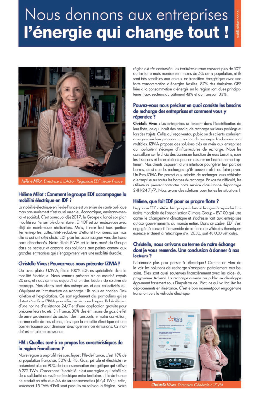 EDF_IDF's tweet photo. #VendrediLecture 
Interview croisée de @MilotDurin et @VivesChristelle dans Cap'IDF, le magazine du @Medef_IDF. La mobilité électrique au service des entreprises : les solutions du groupe EDF et de sa filiale @Izivia. https://t.co/S0ewXQ734W