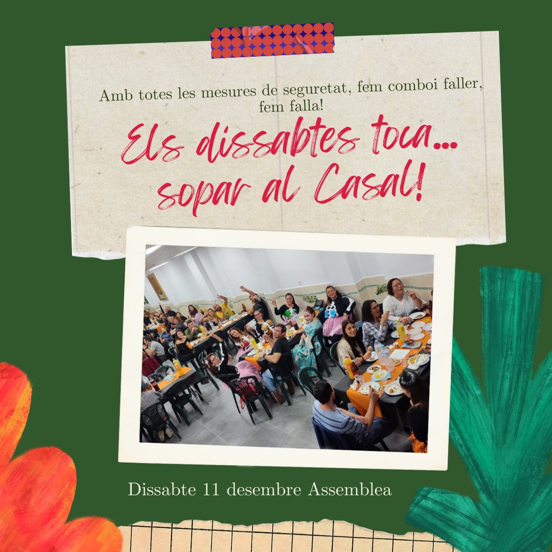 fallamartirs's tweet photo. Els dissabtes toca... sopar al Casal! Amb totes les mesures de seguretat (porteu el passaport Covid) fem comboiet faller. A més, aquest dissabte hi ha Assemblea. El millor del cap de setmana és sopar a la falla! #FallesSegures #sopardissabte #soparalcasal #màrtirsiscoming https://t.co/dO3wYBsJjL