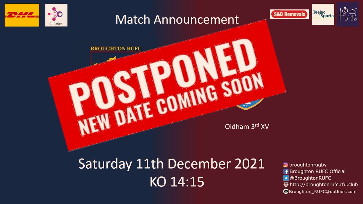 Fixture Postponed 🏉

Due to the recent weather conditions, our pitch, unfortunately, is unplayable. 

We are going to have to postpone our match against Oldham tomorrow, this will be rearranged in the new year.

Apologies!

#UnfinishedBusiness #returntorugby #ready4rugby