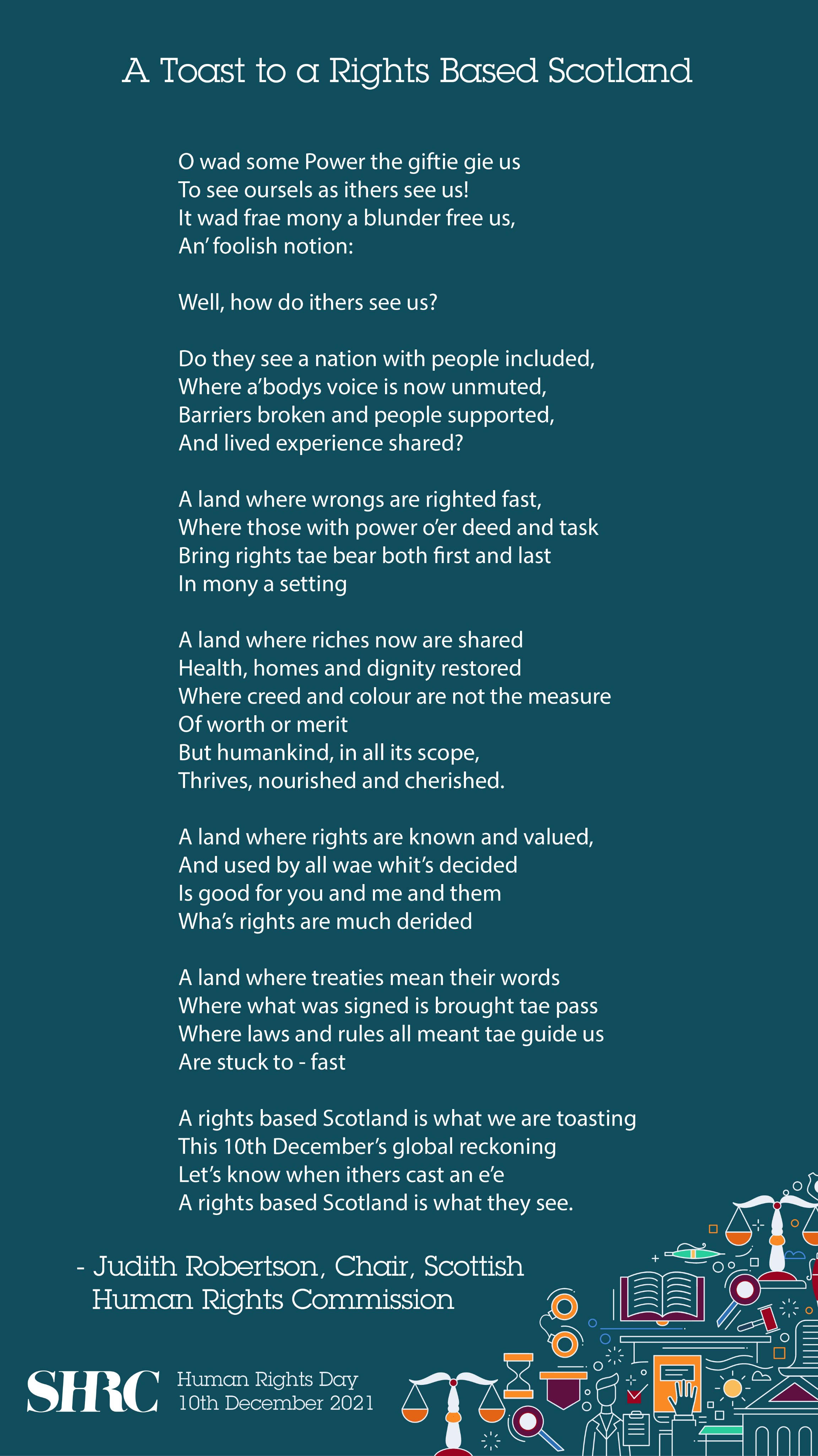 Scottish Human Rights Commission on X: And finally! We'd like to share  this toast to a #RightsBasedScotland from our Chair, Judith Robertson.  #HumanRightsDay #AllOurRights #HumanRightsDay2021   / X