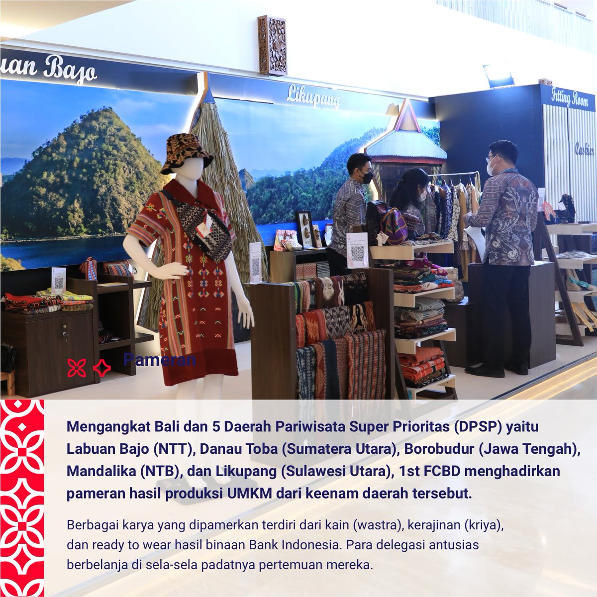 Indonesia_G20's tweet photo. Pada pertemuan tersebut juga ada pameran UMKM dari Destinasi Pariwisata Super Prioritas, yaitu Danau Toba, Candi Borobudur, Mandalika, Labuan Bajo &amp; Likupang. Para delegasi juga bisa mencicipi berbagai kopi Indonesia selama pameran pertemuan FCBD. https://t.co/K9HIdqhy7w