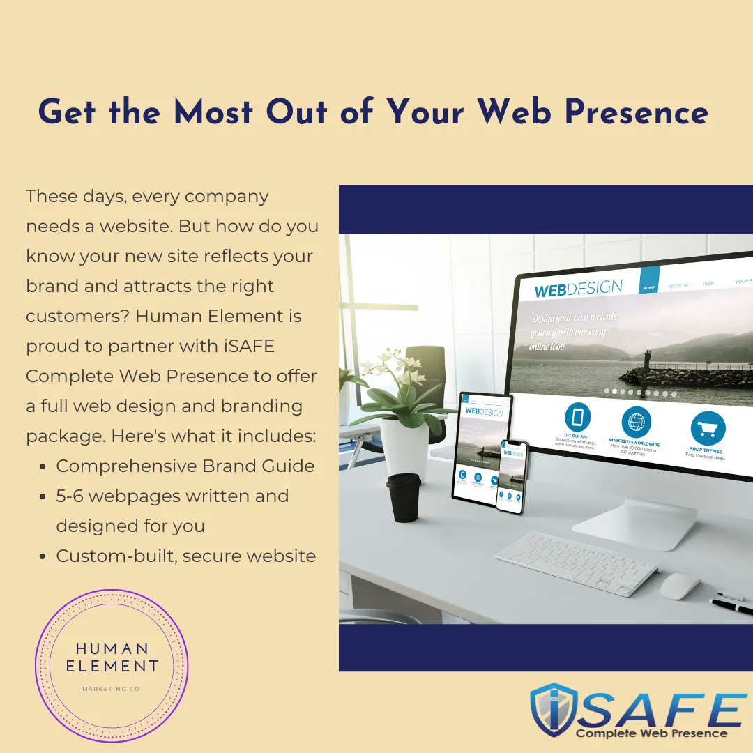 HumanElementMa1's tweet photo. These days, every company needs a website. But how do you know your new site reflects your brand and attracts the right customers? Human Element is proud to partner with iSAFE Complete Web Presence to offer a full web design and branding package. Visit https://t.co/NlmB6CcYLi. https://t.co/kMdLO1ZBqP