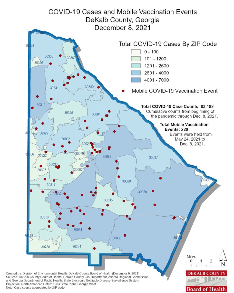 HealthyDeKalb's tweet photo. Here is the updated heat map (as of Dec. 8) of cumulative COVID-19 cases in DeKalb County, along with mobile vaccination stops since May 24, 2021. #DeKalbCountyGA #COVID19 #everystopcounts https://t.co/em3xheGixN