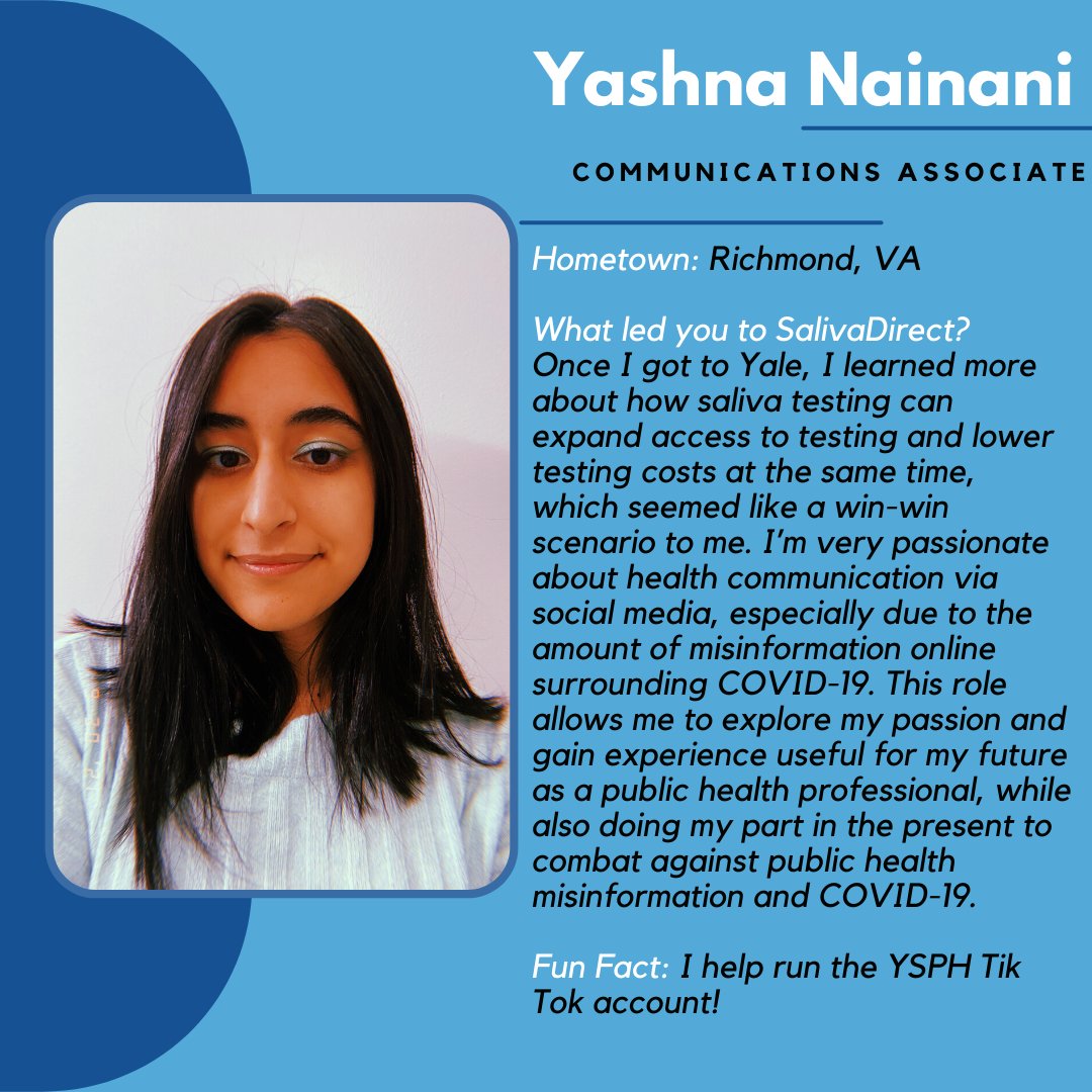 saliva_direct's tweet image. Meet one of our staff members here at @YaleSPH @saliva_direct! This week&apos;s feature is Yashna Nainani who is a communications associate!

#featuredstafffriday #spitsquad
