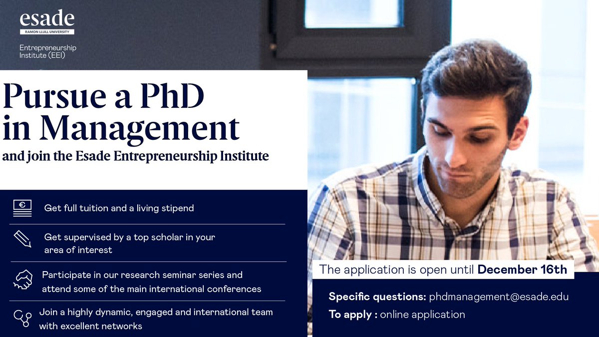 📢LAST DAYS! Thinking of pursuing a #PhD in #Management?📕

We offer PhD scholarships on #entrepreneurship, #strategy &amp; organization studies

Do not hesitate to apply here and join the #EEI! Apply before Dec 16th 👉esade.me/3CxARTz 

Get to know us👉esade.edu/eei