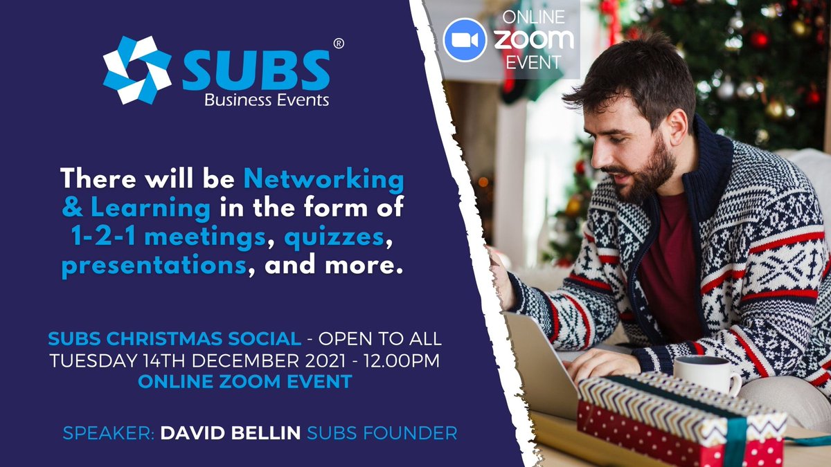 It's the SUBS Christmas Social on 14th December at midday!

There will be networking and learning in the form of 1-2-1 meetings, quizzes, presentations, and more.
 
It's open to all so you may join us by booking here: portal.subsbusinessevents.co.uk/post/subs-chri…

#Online #Zoom #OpenToAll