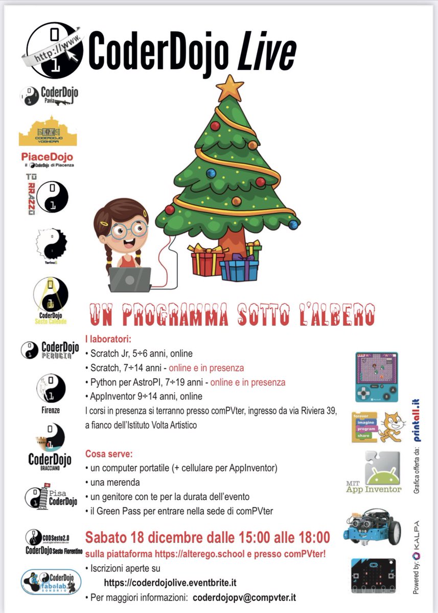 CoderDojoPavia's tweet image. Iscrizioni aperte per il prossimo dojo online e in presenza! Su CoderDojoLive.eventbrite.it Vi aspettiamo sabato 18 dicembre, partecipazione gratuita ma necessario biglietto (e GreenPass per eventi in presenza)