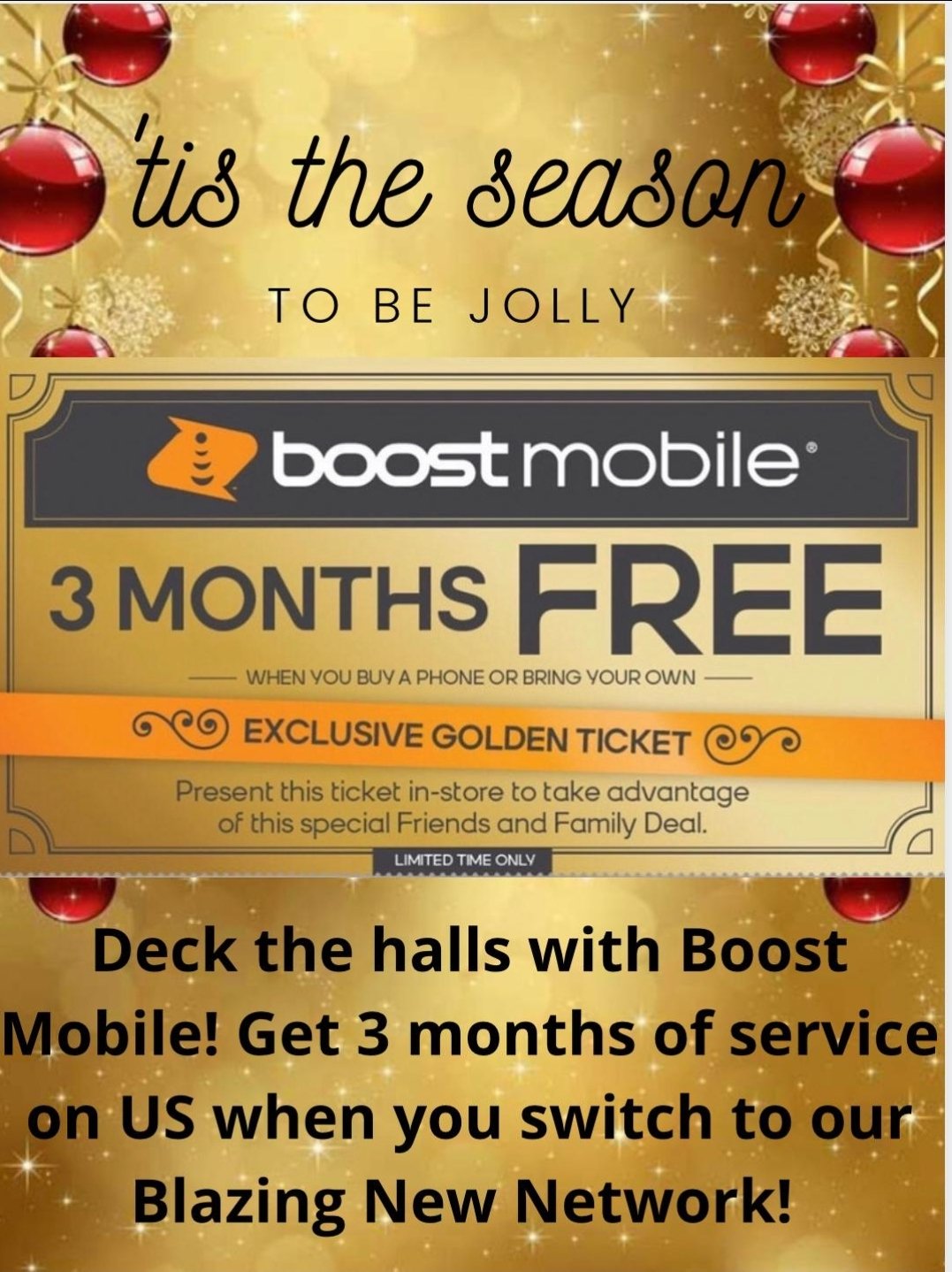 Tony Pinal retweeted:
 
			
 
			 
 
				Golden Ticket day TODAY! Get 3 MONTHS FREE!!! Visit your nearest Boost Mobile locations in  #Brooklyn on any Friday in December & Get 3 MONTHS FREE on Boost Mobile!! What an amazing offer in the Season of Giving!! 🎄🎁