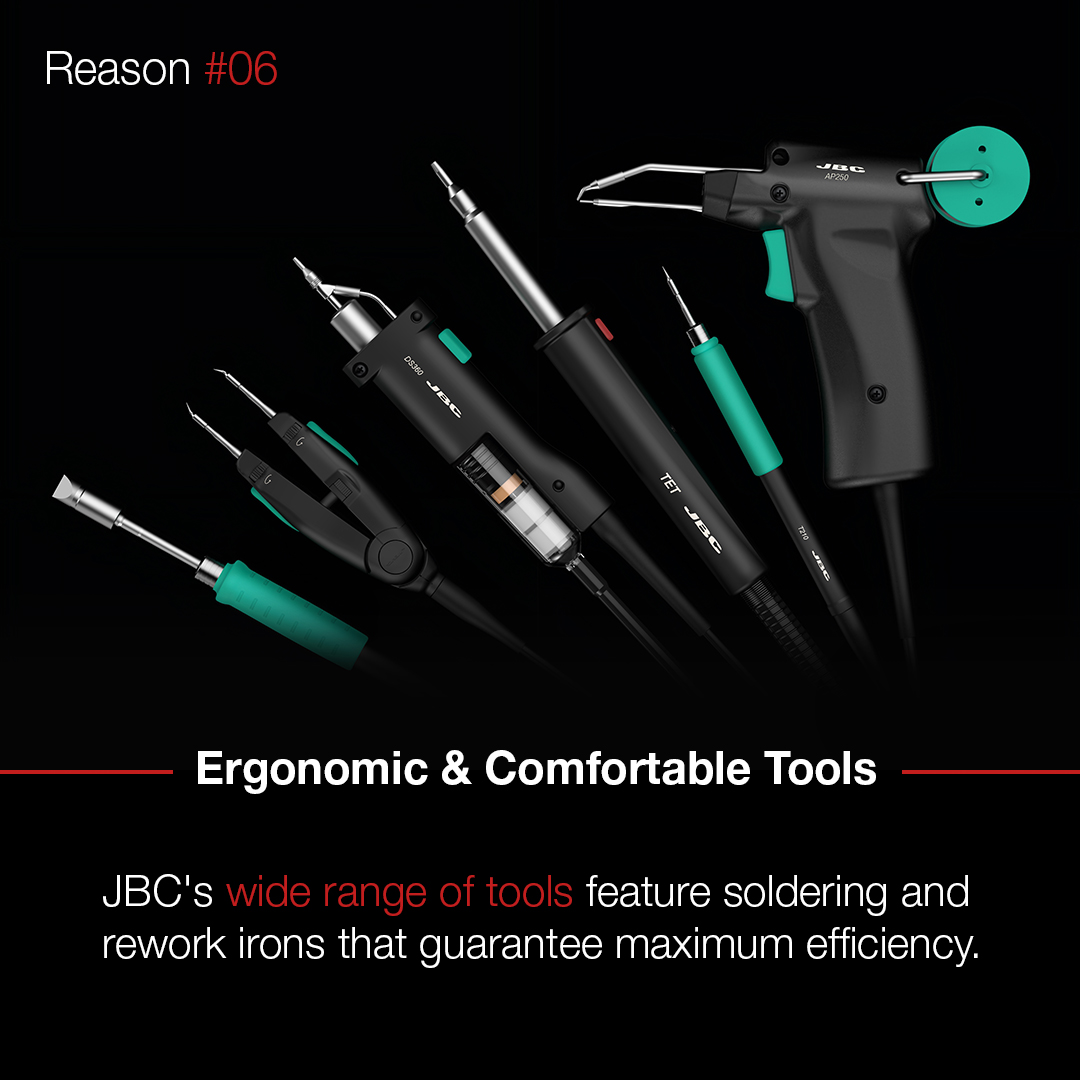 JBCTools's tweet photo. #Reason06
And yes, our wide range of #ergonomic and #comfortable tools is a great reason to choose JBC as your top brand. We assure you that they will maximize your #efficiency at work. 📈
Check them out: https://t.co/vzYCbpyNfQ
#enfineering #handsoldering #JBCtools #rework https://t.co/QQADYU4hCu