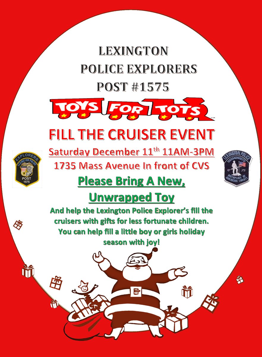 LexingtonPolice's tweet photo. This Saturday December 11th join the Lexington Police Explorers from 11am-3pm in front of CVS (1735 Mass Ave, Lexington). Bring an new unwrapped toy and help the Explorers a cruiser with gifts for less fortunate children.#toysfortots #Lexingtonma #Lexingtonpolice #cvslexington https://t.co/jxcXy224Xl