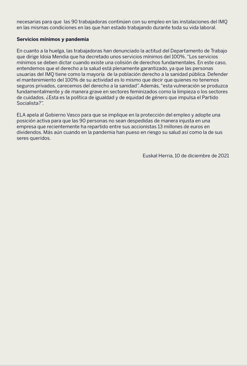 ELA llama a la huelga indefinida a las 90 trabajadoras del servicio de limpieza de IMQ en defensa de sus puestos • IMQ quiere despedir a 90 trabajadoras en enero y niega su subrogación • Muchas de ellas han trabajado en IMQ más de 10, 20 o incluso 30 años.