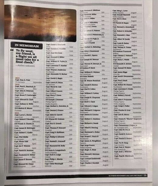 The latest airline pilot magazine (alpa) shows one pilot died in 2019, six in 2020, and 111 in the first nine months of 2021 😳