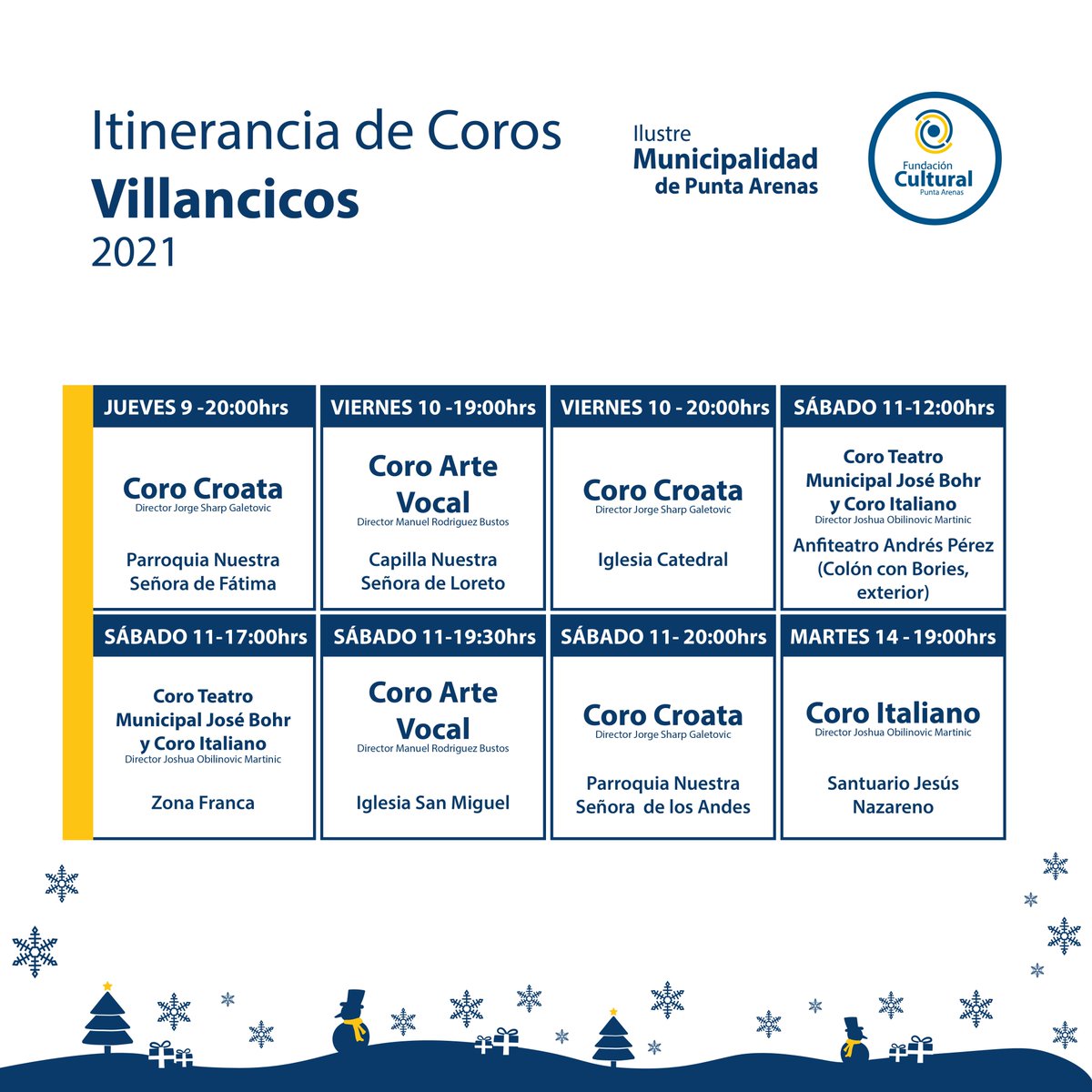 #PuntaArenas Los invitamos a disfrutar en familia de los Coros Navideños Itinerantes que se presentarán en distintos puntos de la ciudad 🎅Revisa las fechas y acompáñanos en familia <a href="/munipuq/">PUNTA ARENAS</a> ✍️👀👏 <a href="/ClaudioRadonich/">Claudio Radonich</a> <a href="/Oscar_Espana_B/">Oscar España Burgos</a> <a href="/pauligaetep/">paulina gaete</a> <a href="/PaoTapiaP/">Paola Tapia Peñailillo</a> <a href="/leono1976/">Xexin</a>