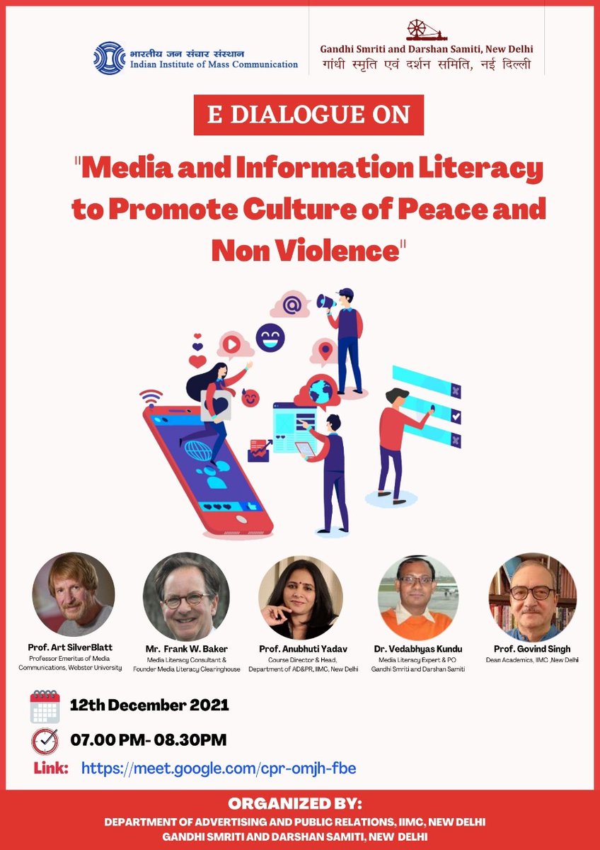 AnubhutiYadava's tweet photo. E Dialogue on Media and Information Literacy. Looking forward to listen to Prof. Art Silverblatt and Mr. Frank W. Baker on 12th December 2021 at 7pm https://t.co/YNQ4TdddBw 
@MILIN_INDIA, @IIMC_India, @fbaker, @asilverblatt, @PIB_India, @ProfSanjay_IIMC, @MIB_India, @VedabhyasK https://t.co/Ge26MOCRtL