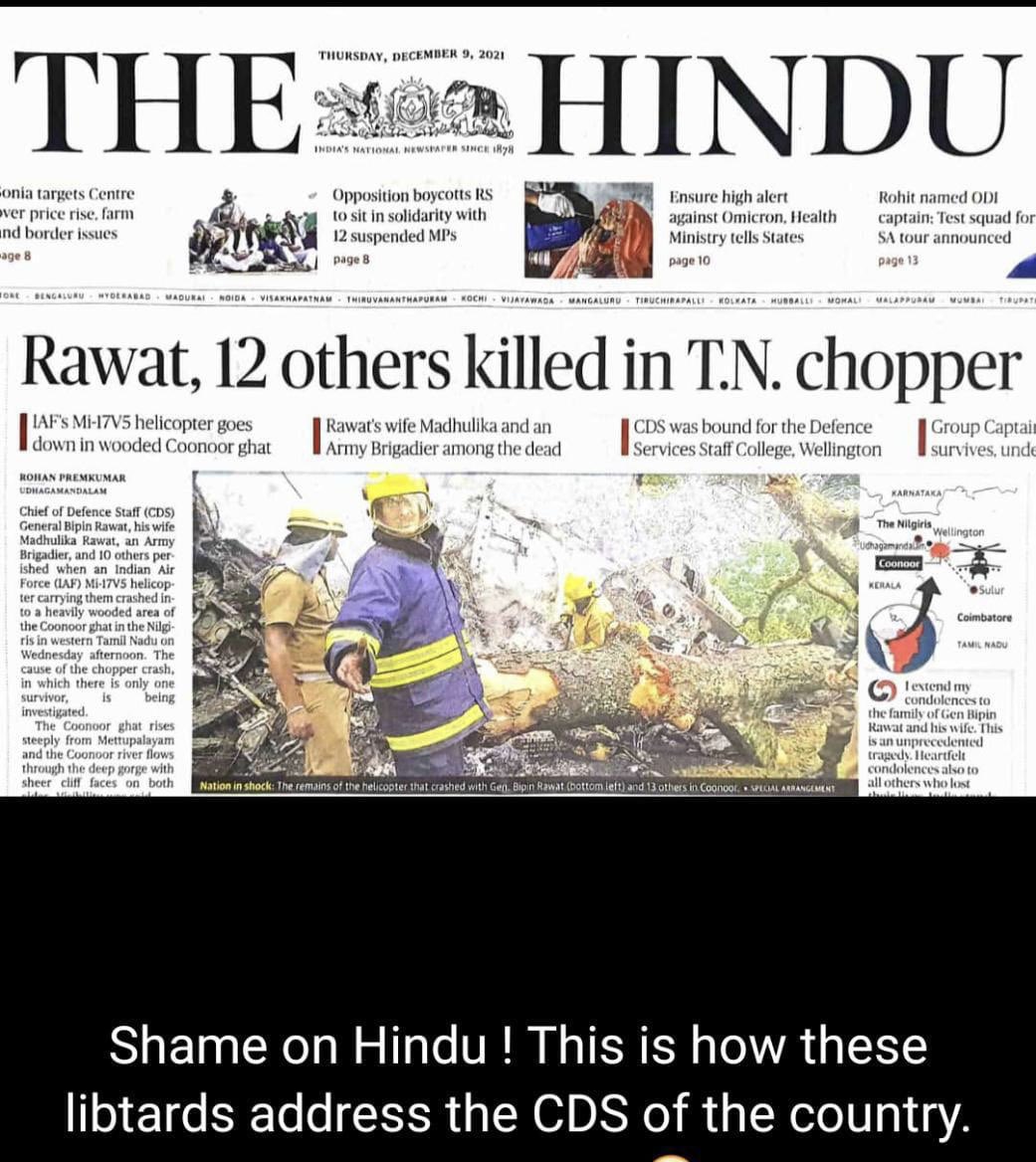 The headline used carry the disrespect to the India’s highest defence rank and is certainly disrespect to the millions of sentiments. 
Using world“Rawat…  KILLED” is a kind of disrespect to India’s highest defence rank.<a href="/the_hindu/">The Hindu</a> <a href="/timesofindia/">The Times Of India</a> <a href="/IndianExpress/">The Indian Express</a> <a href="/aajtak/">AajTak</a> <a href="/ndtv/">NDTV</a>