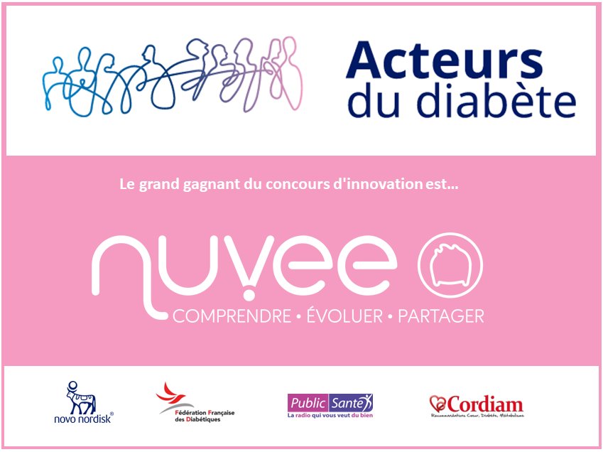 Mauvaise nouvelle pour le diabète, ce sale type 2: @emno_line Nuvee vient de remporter le concours innovation <a href="/novonordisk/">Novo Nordisk</a> "Acteurs du diabète" doté de 100K euros.