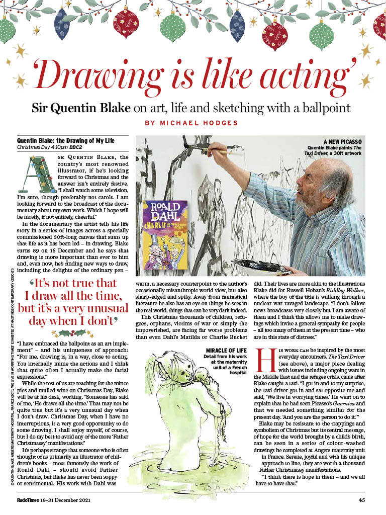 BBCArtsPR's tweet image. Pick up your copy of the @RadioTimes Christmas double issue for some lovely BBC Arts features including this wonderful piece by @ViewfromPenge about @QuentinBlakeHQ's upcoming documentary! 

#QuentinBlakeTheDrawingofMyLife is on @BBCTwo on Christmas Day at 4.10pm.