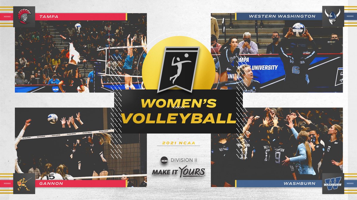 NCAADII's tweet photo. VB: The 2021 #D2VB Final Four stage is set!

5:00 pm ET | No. 2 Western Washington vs No. 3 Washburn 
📺|📈:https://t.co/gRXXrMZ0TW

7:30 pm ET | No. 1 Tampa vs No. 5 Gannon 
📺|📈:https://t.co/T14fyKjlX2

🏐https://t.co/xdRcc7dxZ7

#MakeItYours | #NCAAD2 https://t.co/xREauI6S8b