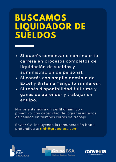 Grupo_BSA's tweet photo. Estamos buscando LIQUIDADOR DE SUELDOS!
¡Envianos tu CV a rrhh@grupo-bsa.com indicando remuneración bruta pretendida y empezá a proyectar tu futuro profesional!
Disponibilidad Full Time - CABA (zona Retiro)
#empleo #busquedadeempleo https://t.co/KO4MSkC5qQ