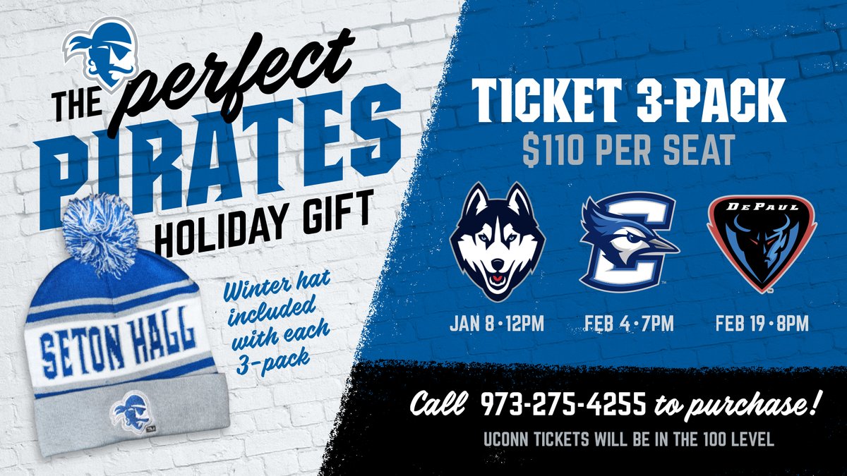 SHUtickets's tweet photo. IT’S THE PERFECT PIRATES HOLIDAY GIFT! Pick up a 2022 weekend pack to watch @SetonHallMBB face UConn, Creighton &amp; DePaul &amp; get a FREE SHU winter hat! Call (973) 275-4255 to purchase or fill out the form to be contacted by our sales team! https://t.co/TfND9nVDf0 #HALLin 🔵⚪️ https://t.co/ZatJpEqJlL