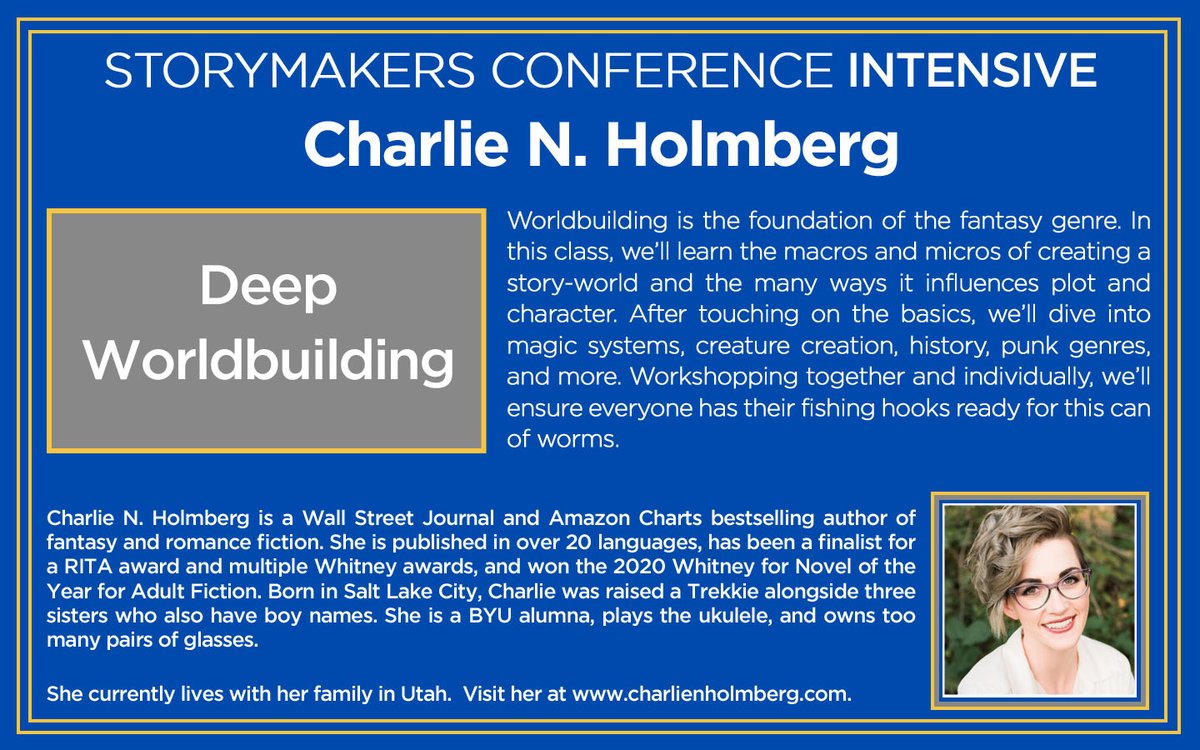 So excited to have Charlie N. Holmberg teach us all about Deep Worldbuilding! This is something she is excellent at in her fantasy romances, and we can’t wait to learn from her! #storymakers22