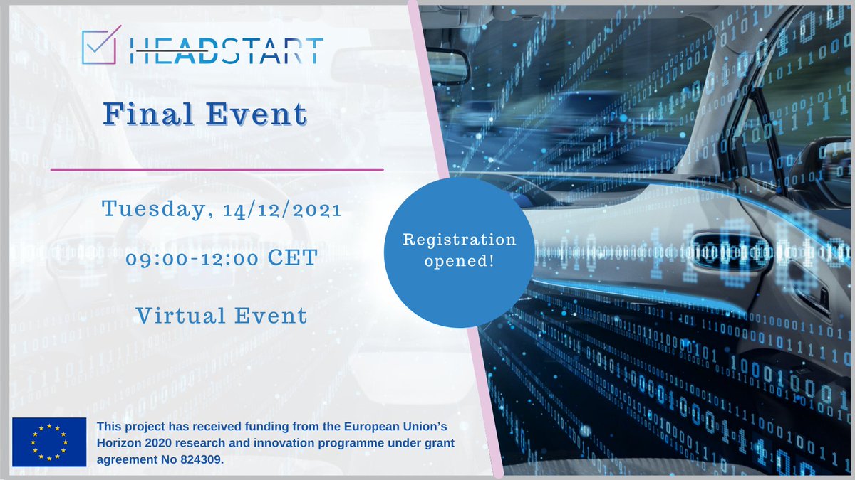 4⃣ days left ⌛️ for the #HEADSTARTFinalEvent, where the project's findings on testing & validation of #connected and #Automated driving will be showcased. ▫️ 14/12 🗓️ I 09:00 - 12:00 CET ⏰ ▫️ #Online 👨‍💻 ▫️ Register here ✍️ register.gotowebinar.com/register/69151… #H2020 #CAD