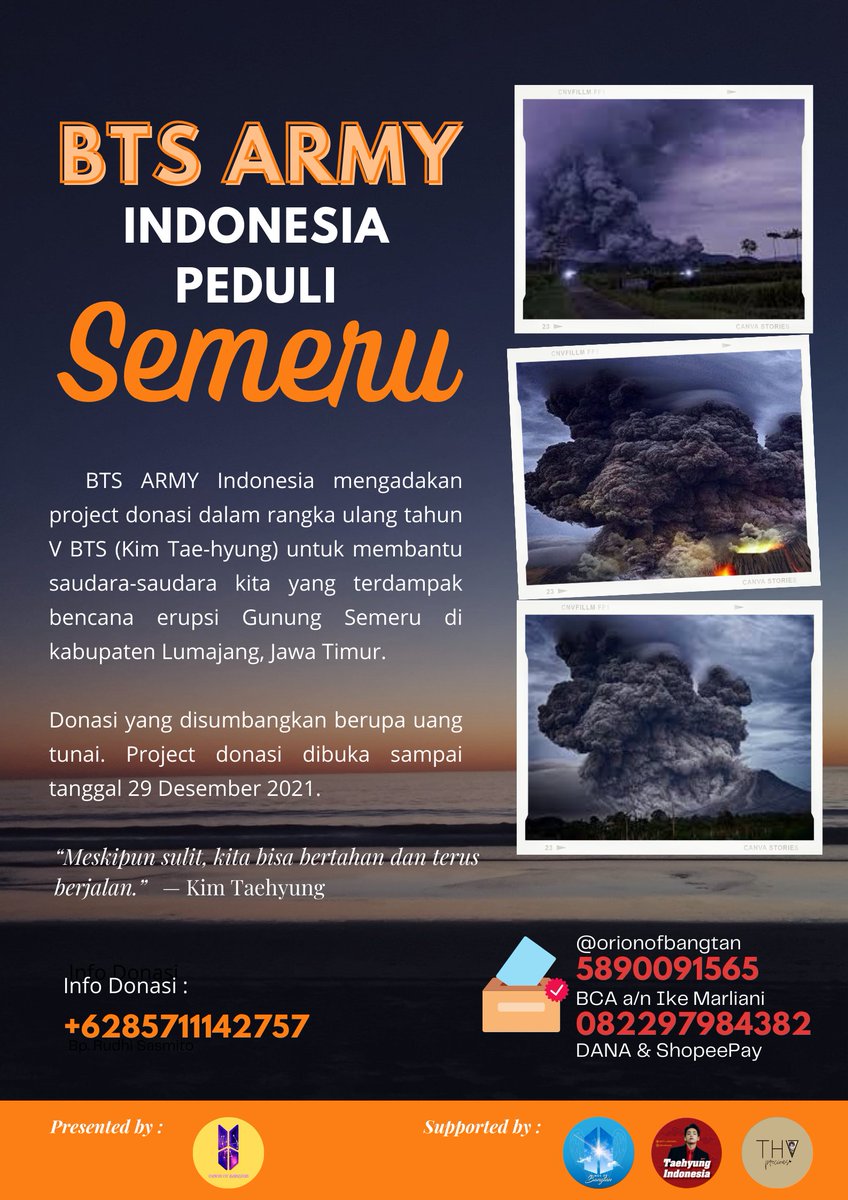 ORIONOFBANGTAN's tweet photo. Oleh karena itu, mengambil kesempatan baik dalam rangka ulang tahun BTS V, Orion Of Bangtan membuka sebuah project penggalangan dana untuk membantu para korban erupsi tersebut.
Donasi di buka untuk umum.
Periode donasi berakhir pada 29 Desember 2021.
#VBirthdayProject https://t.co/6flSYzVQeP