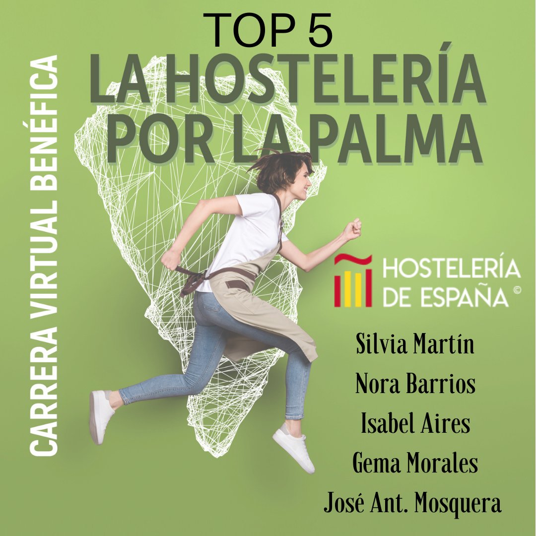 🥳 Ya conocemos el TOP 5 de la carrera #CorrePorLaPalma.

💚 Queremos dar las gracias a todos los participantes por aportar su granito de arena.

También queremos dar las gracias una vez más a <a href="/CEHEhosteleria/">Hostelería de España</a> por pensar en nosotros para organizar esta carrera.