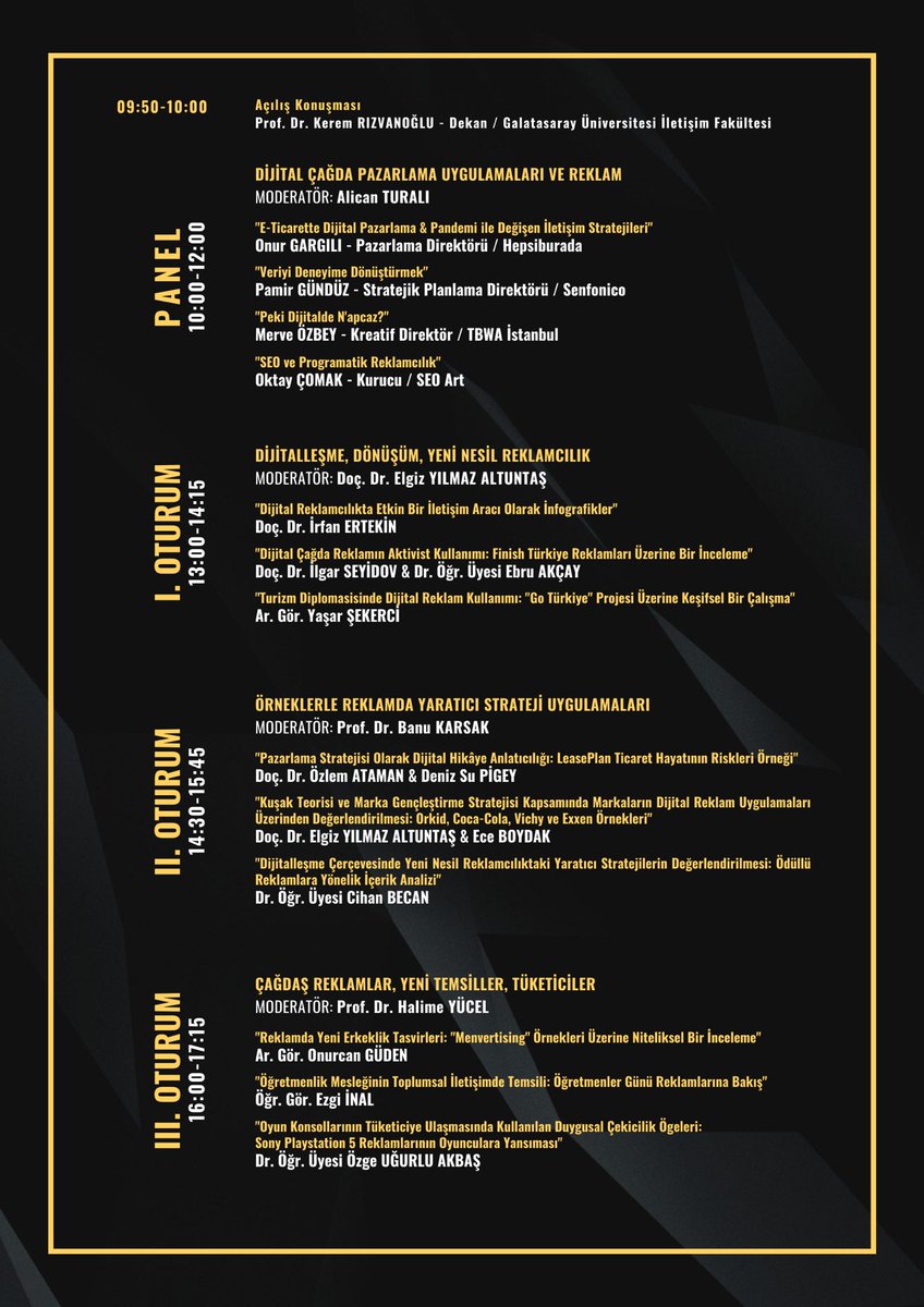 📌15 Aralık Çarşamba günü Stratejik İletişim Yönetimi Konferansları serisinin dördüncü etkinliğinde (#GSÜStrat-IV) reklam alanında güncel gelişmeleri daha iyi kavramak üzere sektörden profesyoneller ve konu üzerine çalışan akademisyenlerle çevrim içi olarak bir araya geliyoruz.