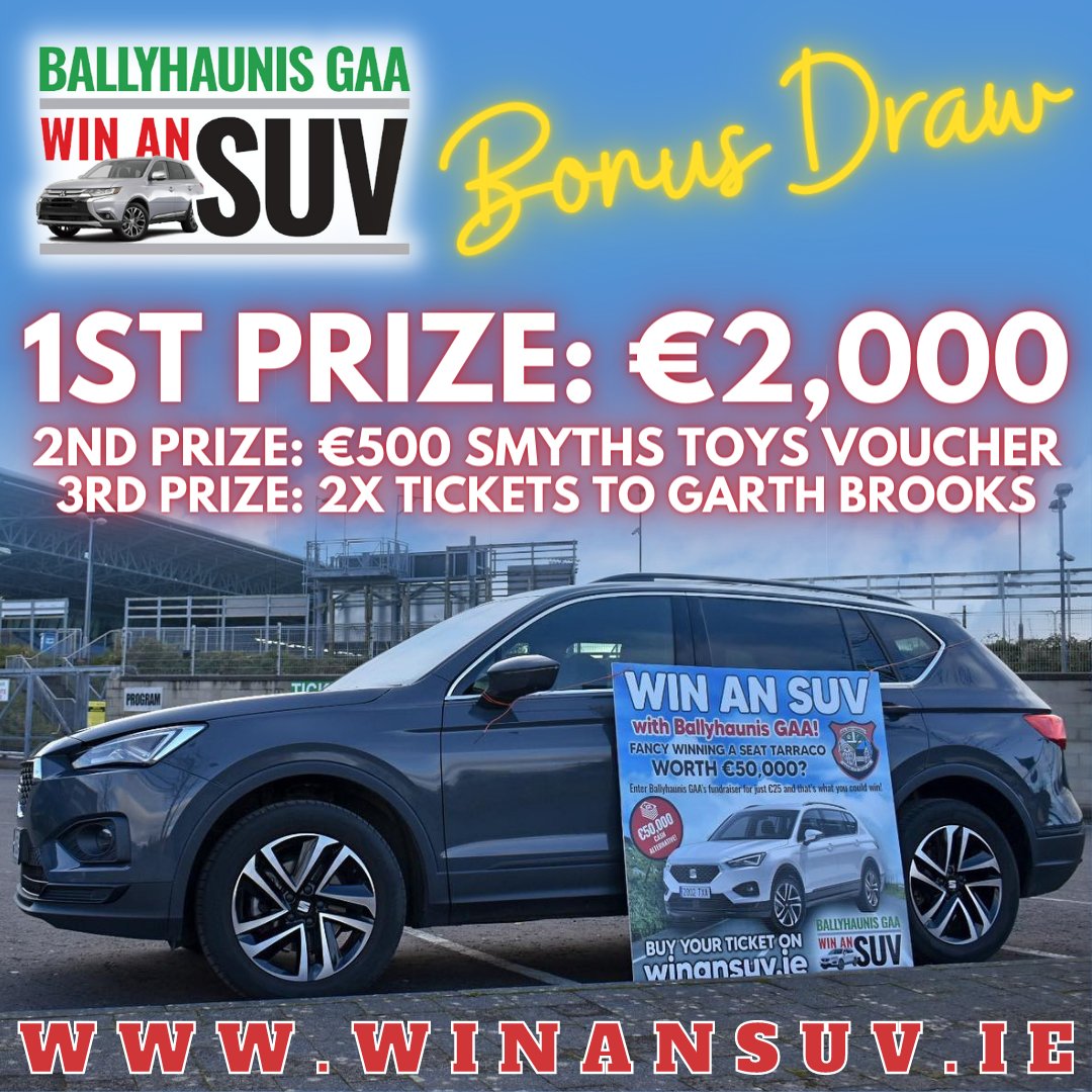 winansuv's tweet photo. There's just 1 day left to go into our Christmas Bonus Draw!
Enter our @BallyhaunisGAA #WinAnSUV fundraiser by 12th Dec for your chance to win 1st: €2,000, 2nd: €500 Smyths Toys voucher or 3rd: 2 Garth Brooks tickets🎁

Grab a ticket here 👉🏻 https://t.co/dvHmkt9JK9 https://t.co/X38wk9p7PM