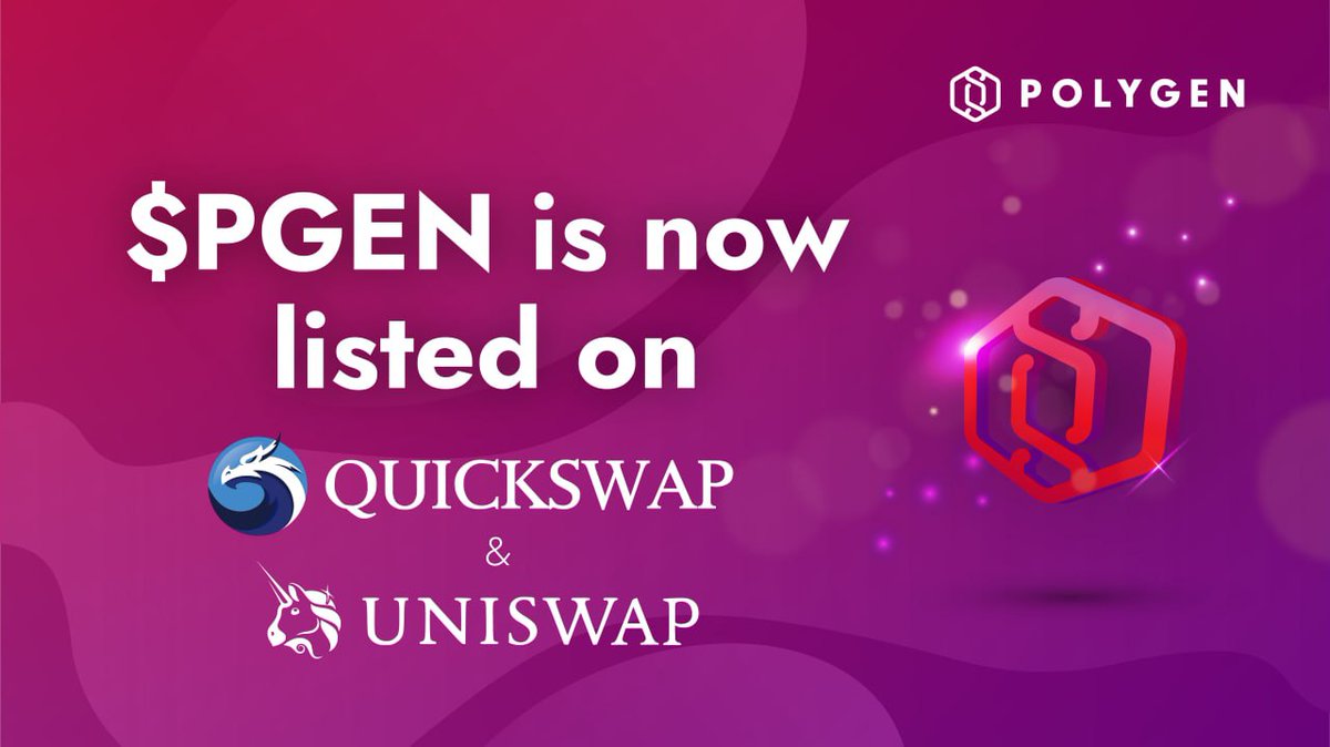 $PGEN is now live on @QuickSwapDEX & @UniSwap! A huge thank you to everyone in the community for the amazing support. This is just the beginning of an exciting journey for Polygen 🚀 Contract addresses and Dextools links are in the comments below👇 #Crypto #Launchpad #DEX