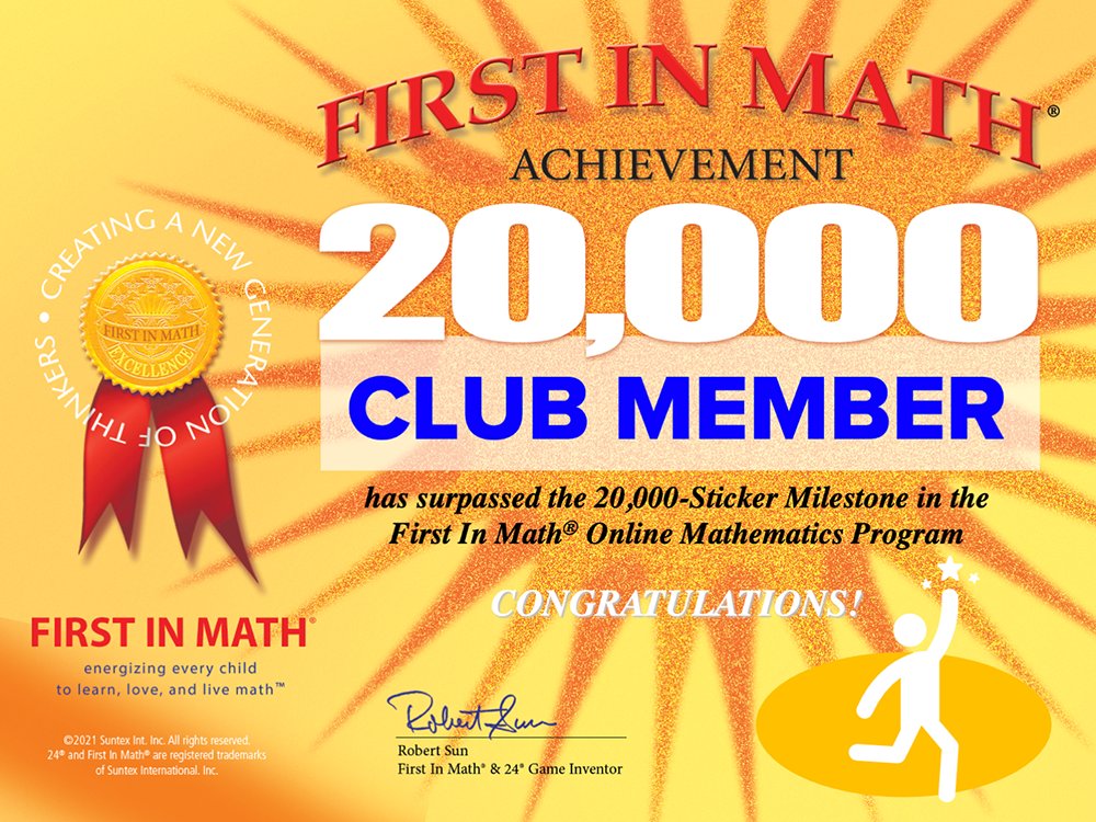 FirstInMath's tweet photo. @MissMyersGrade3 @RobertSun24 Congratulations! Keep up the great work & never stop learning! ๐โผ๏ธ๐ #FirstInMath #20000Club #MathStar https://t.co/ZCyBEoJ5UJ