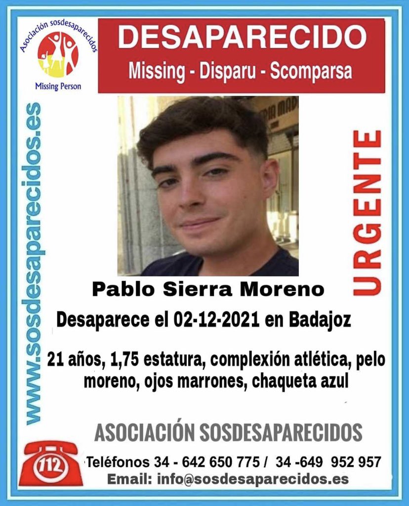 tonyfuentesc's tweet photo. DESAPARECIDO PABLO SIERRA MORENO, EN BADAJOZ EL PASADO JUEVES 2 DE DICIEMBRE. MÁXIMA DIFUSIÓN POR FAVOR! 🙏🚨 https://t.co/4ELyOJ4LKW