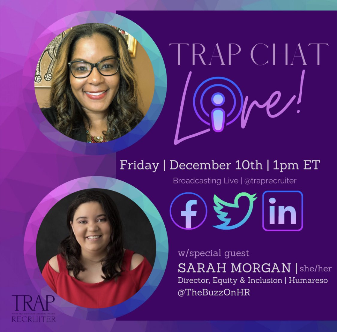 TheBuzzOnHR's tweet photo. 1pm EST

TODAY. 

LIVE!!

Me and @TrapRecruiter 

Don’t Miss It!! 

#trapchat #linkedinlive #careeradvice https://t.co/DEWlzsJZ3q