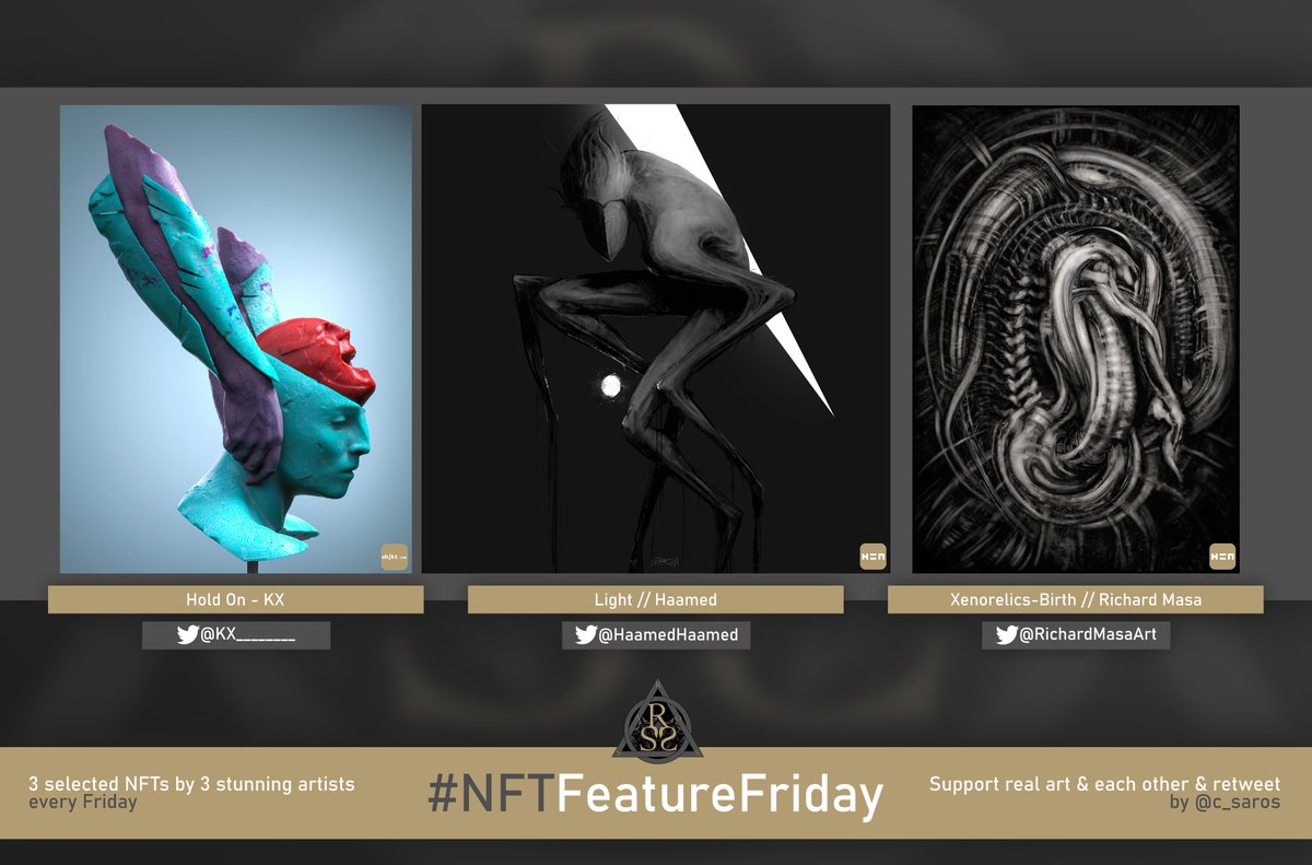 C_Saros's tweet photo. It is #NFTFeatureFriday!
Let's go👇
@KX________ - Hold On
https://t.co/tHltrXizbJ
77 XTZ ETH - 4/4
@HaamedHaamed - Light
https://t.co/hZhvuWgSKN
3.5 XTZ - 4/15
@RichardMasaArt - Xenorelics-Birth
https://t.co/2gnFswW5WL
7 XTZ - 4/10
Support these killer artists and RT please! https://t.co/BQT23k5jiW