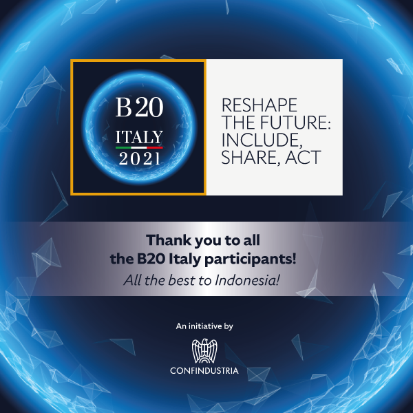b20's tweet photo. Italy's presidency of the B20, organized by @Confindustria, draws to a close.
A special thank you to everyone who has been following the B20 pages, events and initiatives!
We wish our Indonesian colleagues all the best for 2022
#ReshapeTheFuture #B20Italy https://t.co/cKC2yMjlZ7