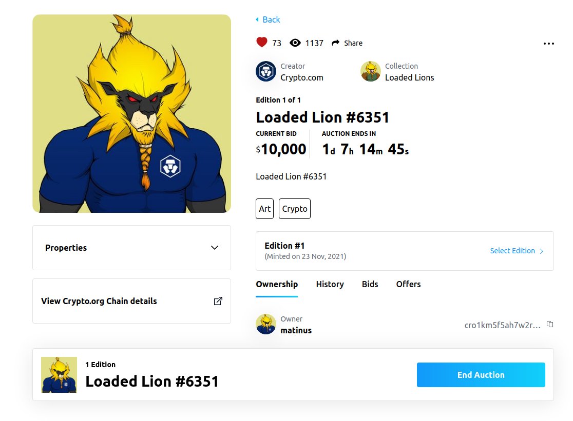 Like and Retweet for a chance to win 2% of the sale. #LoadedLions  #FFTB 

Based on the current bid price, 2% will be ~$200 minimum (could be higher given CryptoTee Shirt + Yellow Spartan floor is $15k) :

crypto.com/nft/marketplac…
Auction live for only 1 day and 7 hours from now.