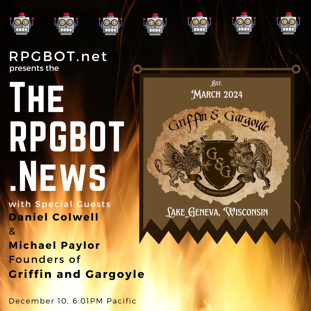 RPGBOT.NET (@rpgbotdotnet) on Twitter photo RPGBOT.News December 9th, 2021 - Griffin and Gargoyle
We welcome Daniel and Michael, co-founders of <a href="/GargoyleGriffin/">Griffin & Gargoyle</a>, an immersive dining and entertainment experience for fans of #DnD and similar works of fantasy opening in March of 2024.
rpgbot.net/rpgbot-news-de… RPGBOT.News December 9th, 2021 - Griffin and Gargoyle
We welcome Daniel and Michael, co-founders of <a href="/GargoyleGriffin/">Griffin & Gargoyle</a>, an immersive dining and entertainment experience for fans of #DnD and similar works of fantasy opening in March of 2024.
rpgbot.net/rpgbot-news-de…