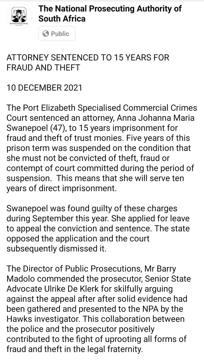 NPA_Prosecutes's tweet photo. ECD: Unsuspecting clients finally get justice and protection as unscrupulous attorney is convicted for fraud and theft https://t.co/UyIC4qNz42