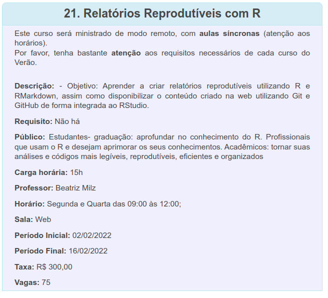 agpatriota's tweet photo. Curso de verão no IME-USP:
"Relatórios reprodutíveis com R"

A ministrante Beatriz @BeaMilz vai ensinar como produzir relatórios reprodutíveis no R e como disponibilizar o conteúdo no Git e Github de forma integrada com o R.

https://t.co/6SmIULDalP https://t.co/CQLD1sDaWh