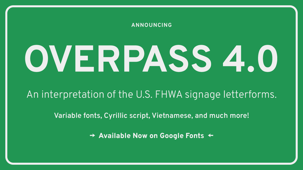 googlefonts's tweet photo. Ohlala! Overpass now updated to v4.0 with extensive new language support, improved parity between Overpass and Overpass Mono, and an expanded symbol set. This new version is also built as a #variablefont! 🍏 https://t.co/fsaE9v3pQy https://t.co/yPxLCCdIcG