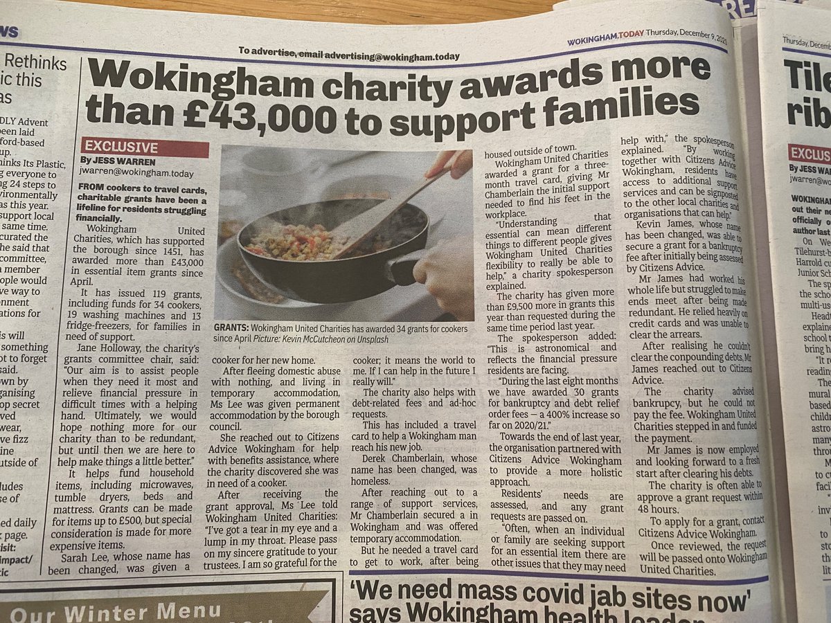 We are in the paper! Find out more about our Essential Item Grant Programme in <a href="/WokinghamToday/">Wokingham.Today</a> this week! 

If you or someone you know is struggling financially and is in need or an essential item, please contact us or <a href="/CitAWokingham/">Citizens Advice Wokingham</a> 
#essentialitemgrant #heretohelp #charity
