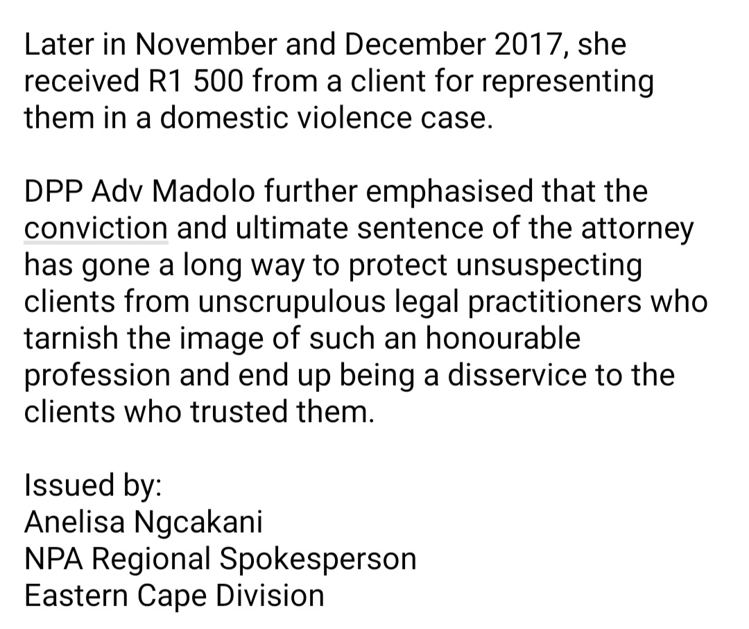 NPA_Prosecutes's tweet photo. ECD: Unsuspecting clients finally get justice and protection as unscrupulous attorney is convicted for fraud and theft https://t.co/UyIC4qNz42