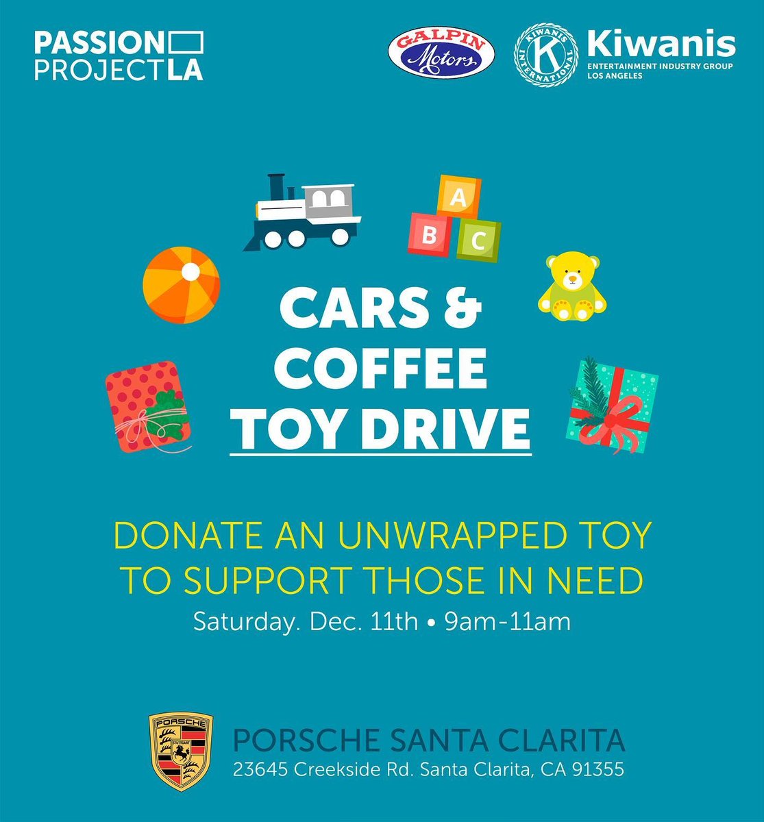 Join us this TOMORROW, December 11 at @porschesantaclarita for our annual Cars &amp; Coffee Holiday Toy Drive! In collaboration with @kiwaniseigla 

Donate an Unwrapped Toy and support those in need. All guests will be able to enjoy free coffee &amp; pastries!