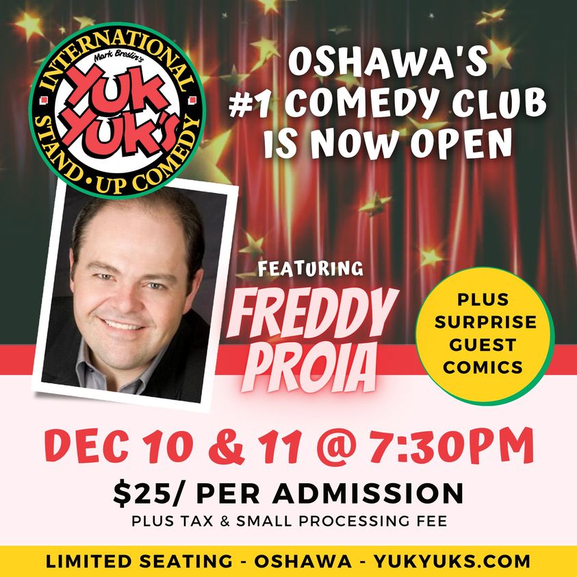 LAST CALL FOR TONIGHT'S SHOW: YukYuks.com/Oshawa. Freddy's high-energy performance, combined with an array of celebrity impressions, has made him an audience fave. He's headlining the Yuk Yuk's stage THIS WEEKEND. Ft. Zabrina Douglas &amp; Karen O'Keefe.

#Oshawa #Durham