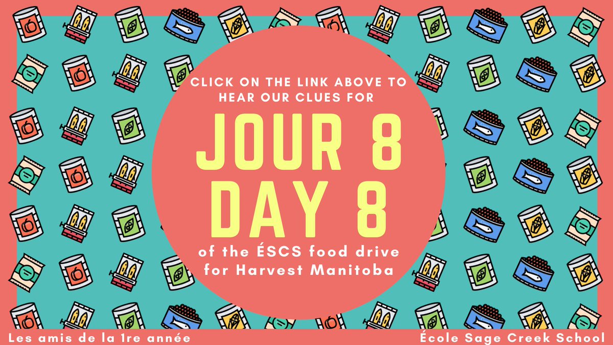 Here is the link to our clues for DAY 8 of the #SageCreekLRSD food drive for @harvestmanitoba! Can you guess what item we will be collecting on Monday? Good luck! Bonne chance! #ESCSgenerosity youtu.be/alfGQhKo6QE